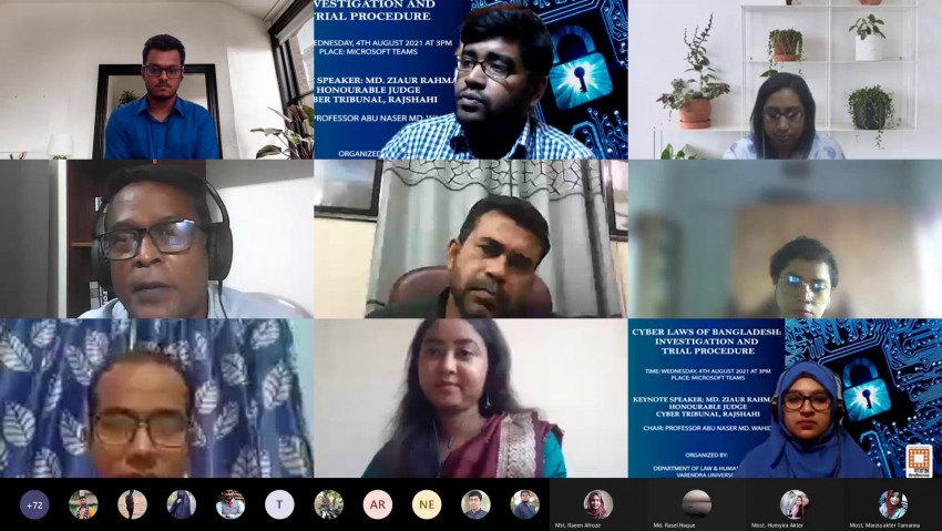 বরেন্দ্র বিশ্ববিদ্যালয়ে্র আইন ও মানবাধিকার বিভাগে Cyber Laws of Bangladesh: Investigation and Trial Procedure শীর্ষক ভার্চুয়াল সেমিনার অনুষ্ঠিত
